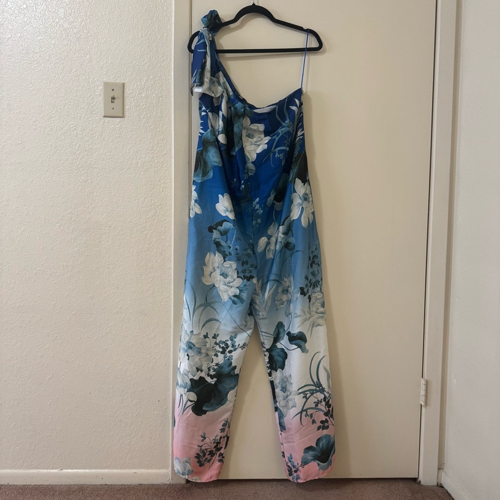 Zara Blue One Shoulder Floral Jumpsuit NWT Size L - Picture 2 of 7
